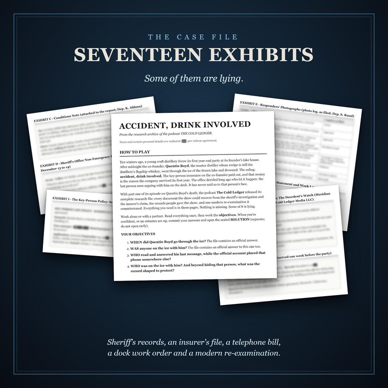 Five pages of the case file fanned on a dark table: the opening page with How to Play and the four objectives on top, and four exhibit pages beneath it with their titles showing and their text blurred to avoid spoilers.