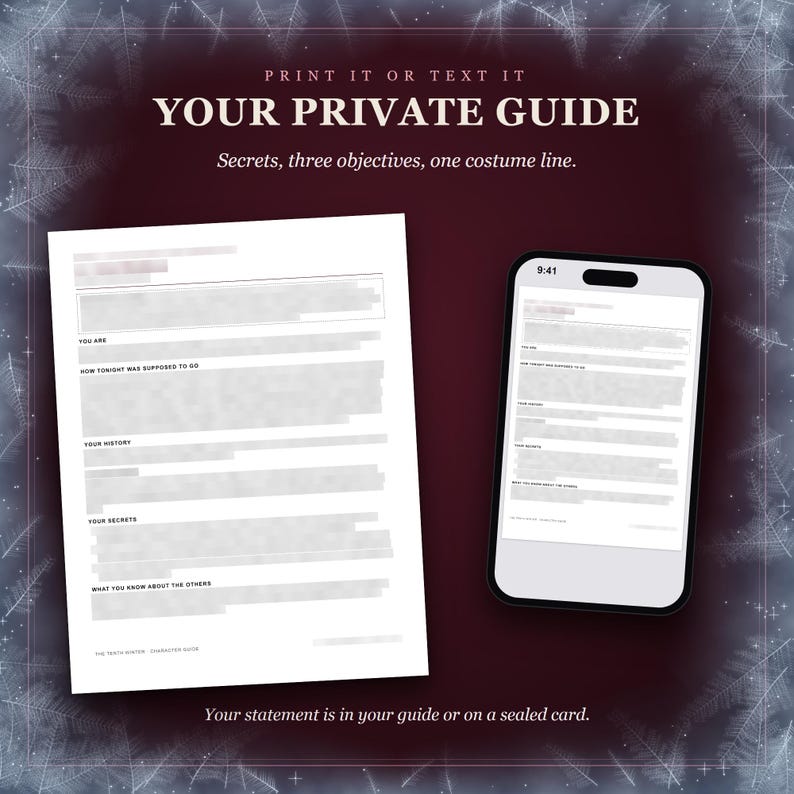 Your private guide, printed or texted: secrets, three objectives, one costume line. A guide's first page on paper and the same page on a phone, its section headings showing and every word under them blurred. Your statement is in your guide or on a sealed card.