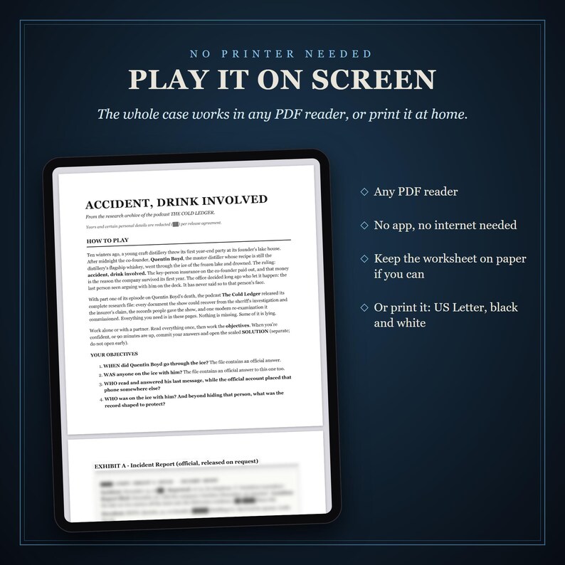 A tablet showing the case file in a PDF reader, beside four notes: any PDF reader, no app or internet needed, keep the worksheet on paper if you can, or print it on US Letter in black and white.