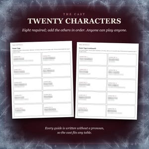 Twenty characters: eight required, add the others in order, anyone can play anyone. Two pages of name tags from the evidence pack, character 1 to 20, every name and role blurred. Every guide is written without a pronoun, so the cast fits any table.