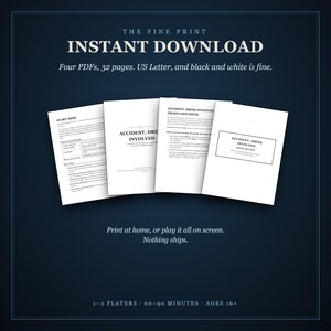 The fine print: instant download. Four PDFs, 32 pages, US Letter, and black and white is fine. Print at home, or play it all on screen; nothing ships. Below, the first page of each PDF.