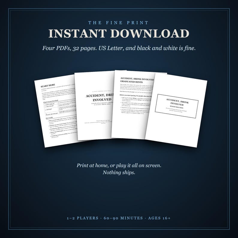 The fine print: instant download. Four PDFs, 32 pages, US Letter, and black and white is fine. Print at home, or play it all on screen; nothing ships. Below, the first page of each PDF.