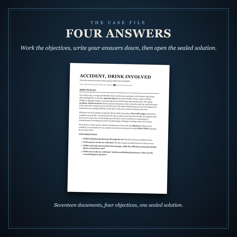 Four answers: work the objectives, write your answers down, then open the sealed solution. Below, the case file's first page, with the premise and the four objectives. Seventeen documents, four objectives, one sealed solution.