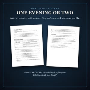How long it takes: one evening or two. 60 to 90 minutes, with no timer. Below, the first two pages of START HERE, and its pace: two sittings is a fine pace, Exhibits A to H, then I to Q.
