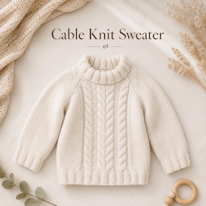 Op de afbeelding: Een crèmekleurige trui met lange mouwen en kabelpatroon, voorzien van een geribbelde opstaande kraag, boorden en zoom. De voorzijde heeft verticale kabelpatronen in het midden. De tekst "Cable Knit Sweater" staat boven het kledingstuk.