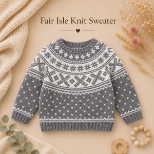 Op de afbeelding: Een grijs en wit Fair Isle gebreide trui met een ronde hals en lange mouwen. De trui heeft een herhalend ster- en geometrisch patroon op de borst en schouders, met een klein wit stippenpatroon op het lijf en de mouwen.