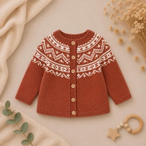 May include: A rust-colored long-sleeve knit cardigan featuring a white geometric Fair Isle pattern across the yoke and chest. The garment has a round neckline, ribbed cuffs and hem, and a front button closure with five small, light-colored wooden buttons.