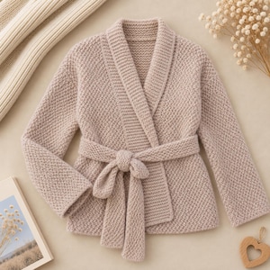 May include: A light beige knit cardigan featuring a shawl collar, long sleeves, and a matching tie belt at the waist. The garment is crafted with a textured stitch pattern throughout, providing a consistent look across the front panels and sleeves.