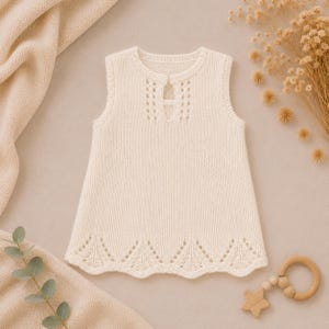 May include: A sleeveless cream-colored knit vest featuring a round neckline with a small vertical keyhole opening. The garment displays a delicate eyelet pattern around the neckline and a scalloped, lace-like knit design along the bottom hem.