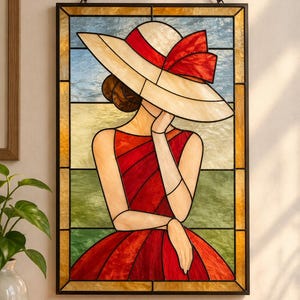 May include: A rectangular stained glass panel featuring a person wearing a wide-brimmed hat with a red ribbon and a red dress. The background consists of horizontal bands of blue, yellow, and green glass, all framed in a dark metal border.