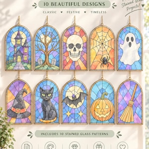 Halloween-Buntglas-Musterpaket, 10 gruselige Designs: Geist, Kürbis, Fledermaus, Hexenhut, Totenkopf, Katze, Sonnenfänger zum Selbermachen, PDF-Download