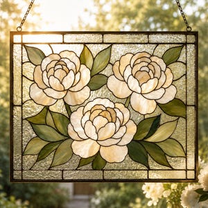 May include: A rectangular stained glass panel featuring three large, cream-coloured peony flowers with layered petals and green leaves. The design is encased in a dark metal frame with a textured, clear glass background and a hanging chain at the top.