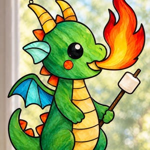 Op de afbeelding: Een glas-in-lood suncatcher van een groene draak met gele hoorns, oranje stekels op de rug en blauwe vleugels. De draak blaast een rode en oranje vlam naar een witte marshmallow op een bruin stokje dat in de hand wordt gehouden.