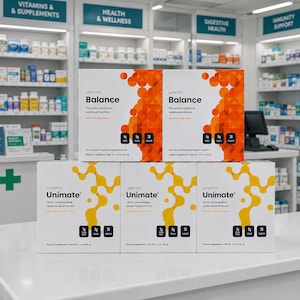 May include: Two boxes of Unicity Balance glucose and cholesterol support drink mix with orange graphics and three boxes of Unicity Unimate ultra-concentrated yerba mate drink mix with yellow graphics, all displaying net weights in ounces and grams.