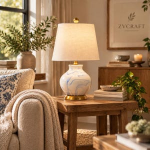 Blue Marble Ceramic Table Lamp Brass Base Linen Shade Bedside Lamp Living Room Nightstand Lamp Coastal Home Decor Gift