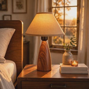 Può includere: Una lampada da tavolo con base conica in legno caratterizzata da un motivo a venature marroni vorticose e un paralume in tessuto beige. La lampada emette una luce calda che illumina l'area circostante ed è posizionata su una superficie in legno.
