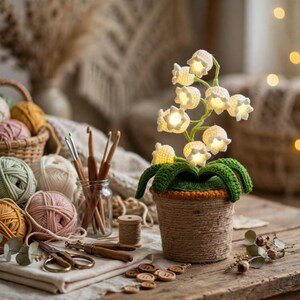 Crochet Lily of the Valley Lamp | Handmade Flower Night Light | Boho Bedroom Decor Gift for Her | Cottagecore Table Lamp
