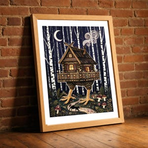 Lámina de la cabaña de Baba Yaga, cuadro de la casita de cuento popular sobre patas de gallina, póster ornamentado del folclore eslavo, decoración original para el pasillo, regalo para amantes de los libros.
