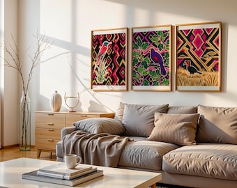 African Bird Print Set of 3, Bee-Eater Turaco and Hornbill Bold Pattern Triptych Wall Art, Jewel Tone Gallery Wall Set, Bird Lover Gift