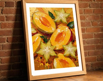 Mango Starfruit Print, Painterly Tropical Fruit Textured Wall Art, Golden Amber Beach House Decor, Colorful Fruit Lover Gift