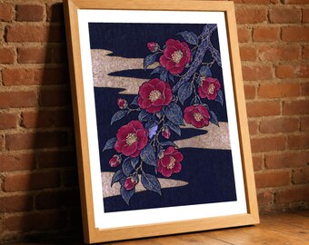 Camellia Print, Tsubaki Gold Leaf Japanese Wall Art, Gilded Woodblock Print Poster, Bold Dining Room Decor, Flower Lover Gift
