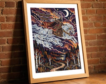 The Wild Hunt Print, Spectral Huntsman Ghost Hounds Folklore Wall Art, Ornate Stormy Sky Poster, Dramatic Living Room Decor, Folk Gift