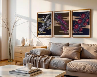 Japanese Block Print Set of 3, Sakura Ume Tsubaki Gold Leaf Wall Art, Gilded Woodblock Triptych, Elegant Living Room Gallery Set