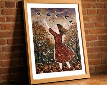 Autumn Flight Print, Folk Art Woman and Birds Taking Flight Wall Art, Naive Dusk Poster, Warm Hallway Decor, Bird Lover Gift