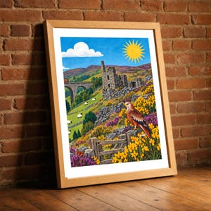 Rotmilan-Kunstdruck, walisische Moorlandschaft mit Ginster und Heidekraut, Vogel-Wanddeko fürs Wohnzimmer, Geschenk für Wales-Liebhaber