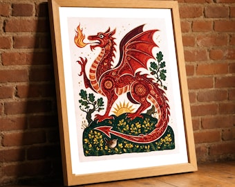 Welsh Dragon Print, Y Ddraig Goch Red Dragon Folklore Wall Art, Ornate Celtic Myth Poster, Bold Living Room Decor, Wales Lover Gift