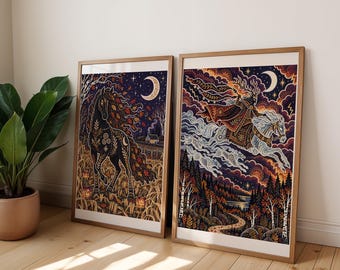 Folklore Print Pair, Puca and Wild Hunt Ornate Halloween Wall Art Set of 2, Dark Folk Tale Duo, Gothic Living Room Decor