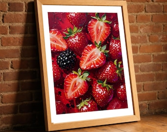 Strawberry Blackberry Print, Painterly Berry Textured Wall Art, Bold Crimson Breakfast Nook Decor, Colorful Berry Lover Gift