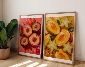 Stone Fruit Print Pair, Peach Plum and Mango Starfruit Wall Art Set of 2, Golden Textured Kitchen Duo, Fruit Lover Gift