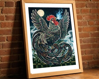 Basan Print, Japanese Ghost Rooster Yokai Wall Art, Ornate Folklore Bird Poster, Whimsical Kitchen Decor, Mythical Lover Gift