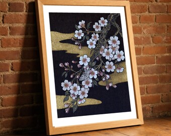 Cherry Blossom Print, Sakura Gold Leaf Japanese Wall Art, Gilded Woodblock Print Poster, Elegant Living Room Decor, Japan Lover Gift