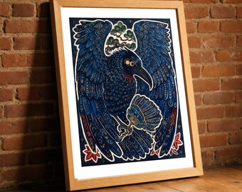Karasu Tengu Print, Japanese Crow Folklore Wall Art, Ornate Mountain Guardian Bird Poster, Bold Living Room Decor, Mythical Lover Gift