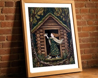 Woodland Cottage Print, Folk Art Woman and Birds Wall Art, Naive Log Cabin Poster, Cosy Cabin Decor, Woodland Nature Lover Gift