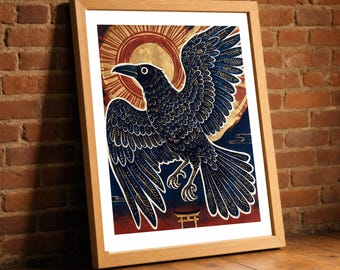 Yatagarasu Print, Three Legged Sacred Crow Japanese Folklore Wall Art, Ornate Sun Bird Poster, Bold Hallway Decor, Mythology Gift