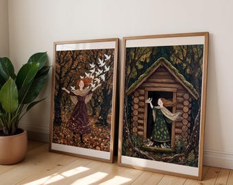 Folk Tales Woodland Pair, Woman and Birds Autumn Wall Art Set of 2, Naive Orchard and Cottage Poster Duo, Cosy Living Room Decor