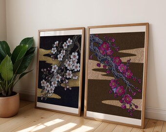 Japanese Block Print Pair, Sakura and Ume Gold Leaf Wall Art Set of 2, Gilded Woodblock Print Duo, Elegant Bedroom Decor