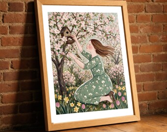Spring Nest Print, Folk Art Woman and Birdhouse Wall Art, Naive Blossom Garden Poster, Fresh Bedroom Decor, Bird Lover Gift
