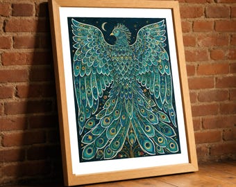 Simurgh Print, Persian Mythical Bird Folklore Wall Art, Ornate Peacock Feather Poster, Rich Jewel Tone Decor, Fantasy Bird Gift