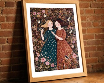 Two Friends in the Garden Print, Folk Art Women and Birds Wall Art, Naive Rose Garden Poster, Warm Bedroom Decor, Friendship Gift