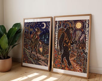 Halloween Folklore Print Pair, Stingy Jack and Krampus Ornate Wall Art Set of 2, Dark Folk Tale Duo, Gothic Hallway Decor