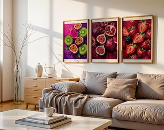 Cut Fruit Print Set of 3, Jewel Tone Painterly Triptych Wall Art, Bold Textured Gallery Wall Set, Colorful Kitchen Decor Gift