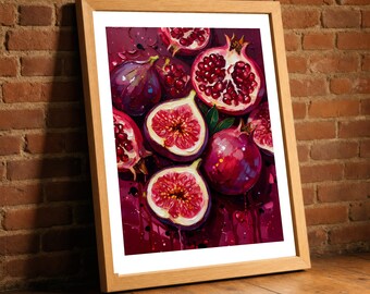 Pomegranate Fig Print, Painterly Jewel Fruit Textured Wall Art, Rich Burgundy Dining Room Decor, Autumn Fruit Lover Gift