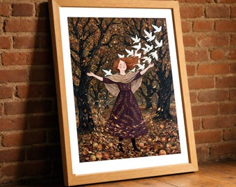Dove Release Print, Folk Art Woman and Doves in an Orchard Wall Art, Naive Windswept Poster, Warm Living Room Decor, Nature Lover Gift
