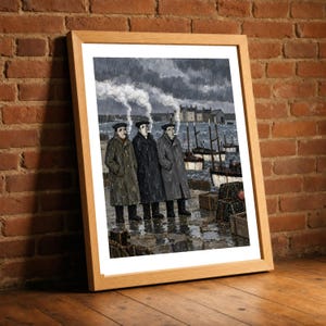 May include: A framed print depicting three figures in long dark coats and caps standing on a wet pier during a rainstorm. Each figure smokes a cigarette with visible white smoke rising against a dark, stormy sky, with boats and a building in the distance.