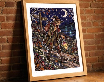 Stingy Jack Print, Irish Turnip Lantern Folklore Wall Art, Ornate Jack O Lantern Origin Poster, Whimsical Hallway Decor, Halloween Gift