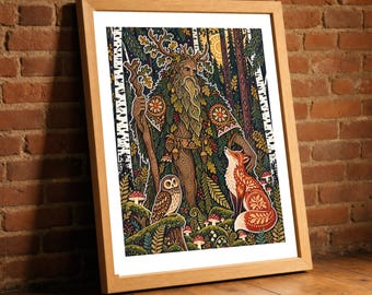 Leshy Print, Slavic Forest Guardian Folklore Wall Art, Ornate Woodland Spirit Poster with Fox and Owl, Bedroom Decor, Nature Gift